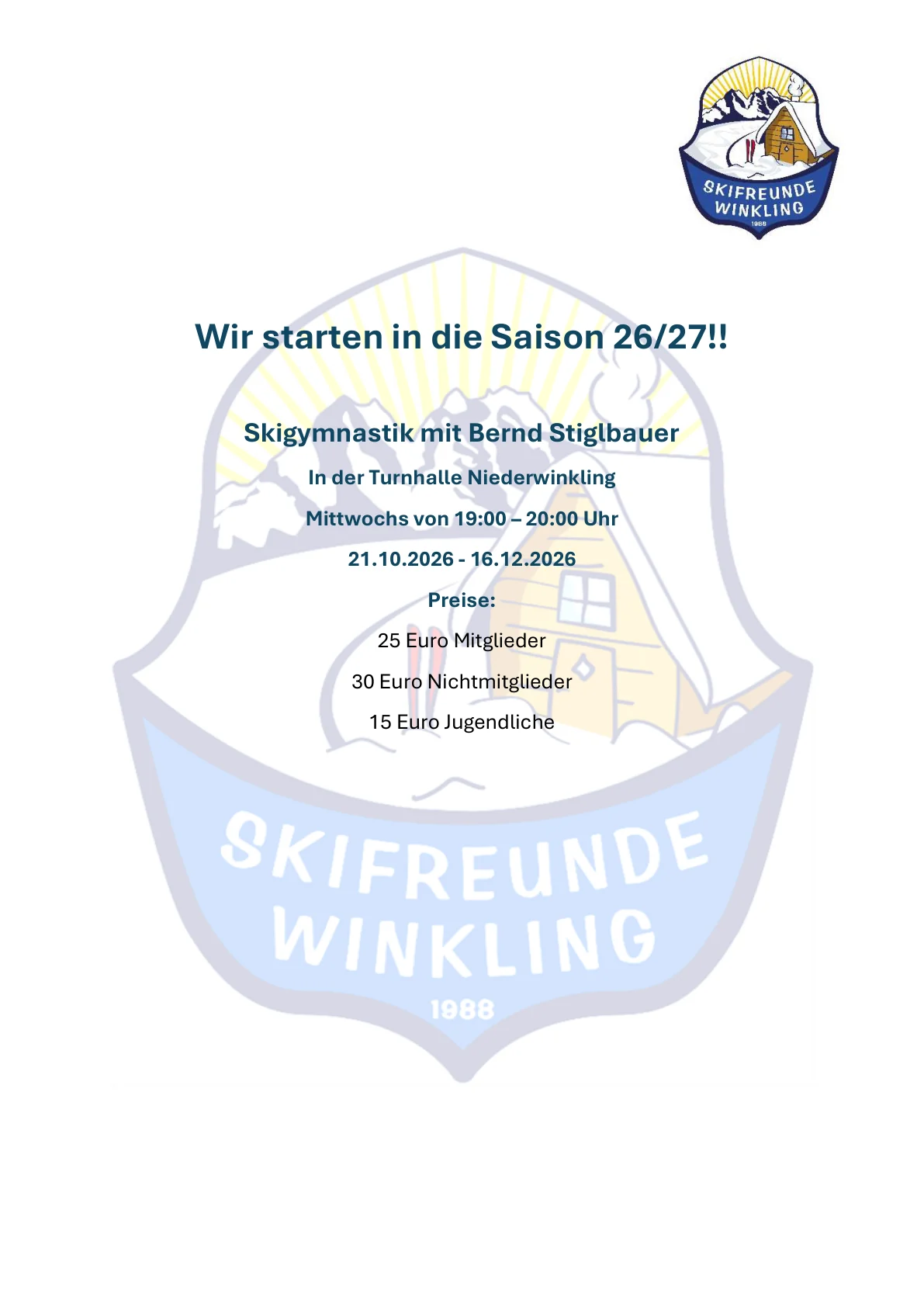 Plakat: Skigymnastik mit Bernd Stiglbauer vom 21.10. bis 16.12.2026